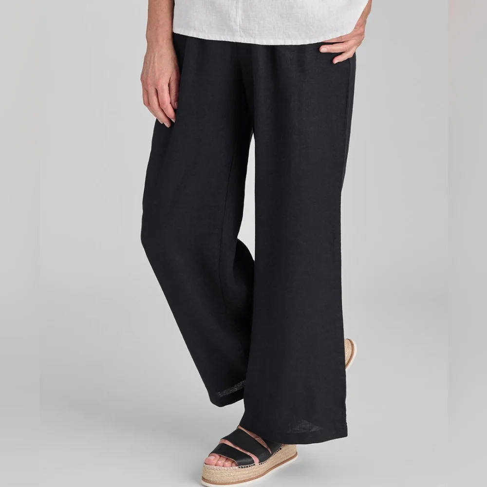 FLAX Flowing Pant Linen Pants‎ With Elastic Waist & Pockets Women's Small Brown